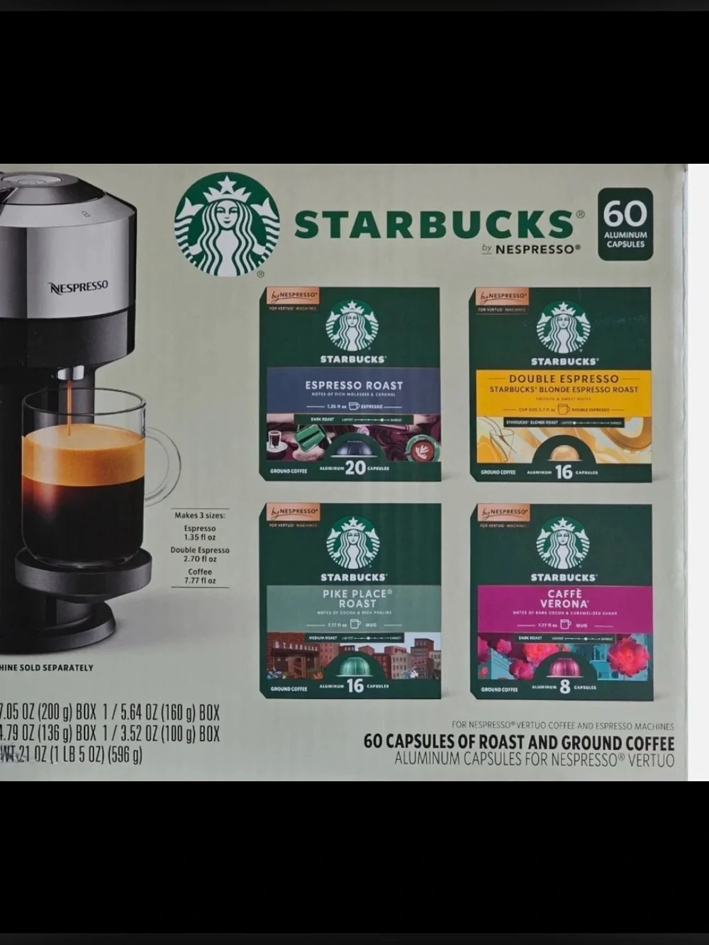 Starbucks Espresso Capsules for Nespresso Vertuo Variety Pack, 60 Count New